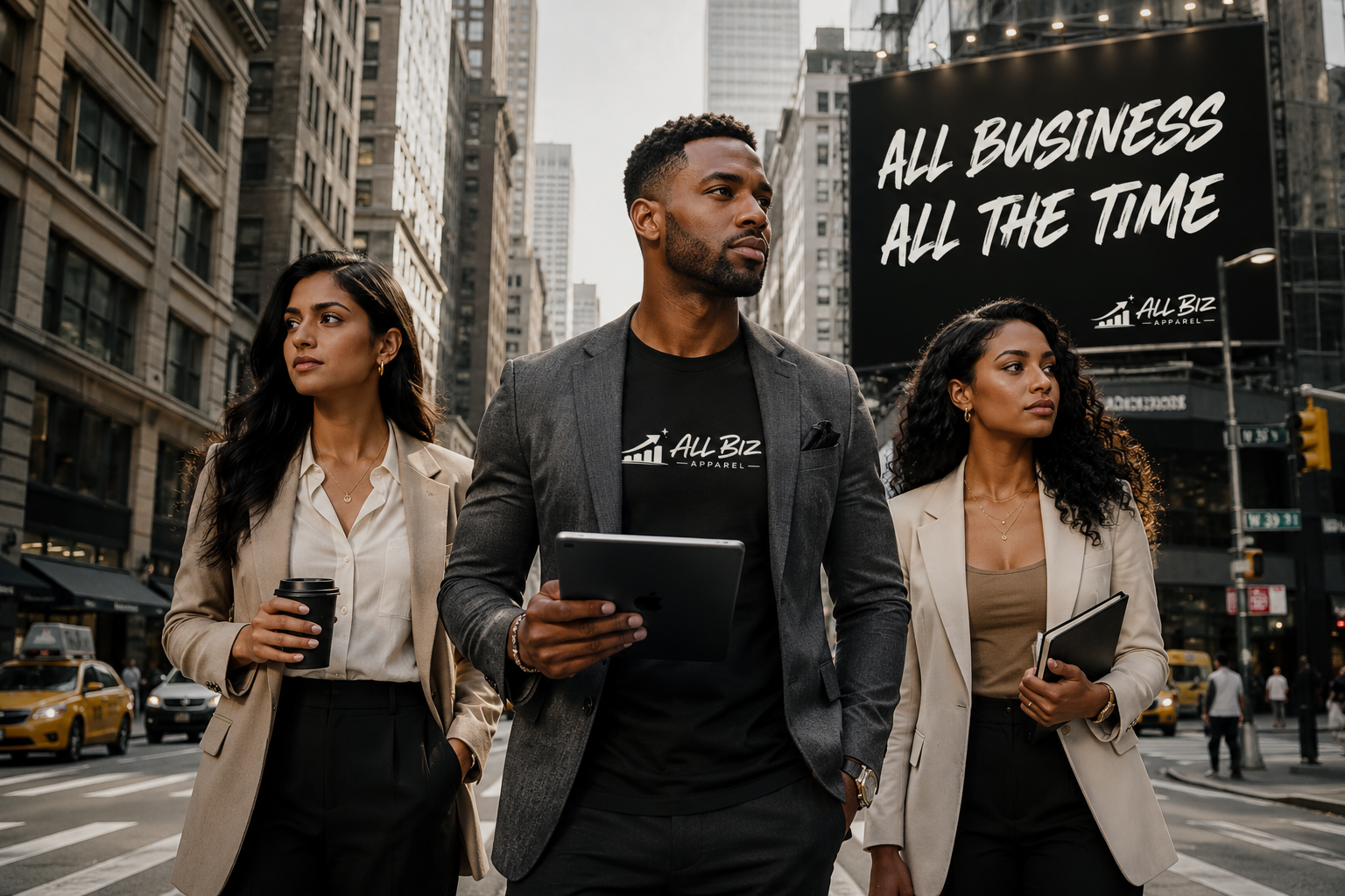 Professionals wearing All Biz Apparel on a city street with an All Business All The Time billboard